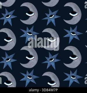 Motif fantaisiste aquarelle sans couture avec des lunes en croissant gris stylisé et de charmantes étoiles bleues avec des yeux, le tout sur un fond sombre. Banque D'Images