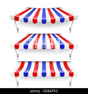 Achetez le pare-soleil avec support en métal. Auvent de café rayé réaliste. Tente de marché extérieure. Auvent de toit aux couleurs du drapeau français. Magasin de rue d'été. Vecteur Illustration de Vecteur
