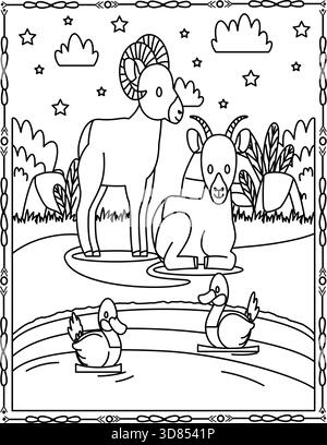 Nature beauté avec animaux Coloriage page pour enfants et adultes. Illustration de Vecteur