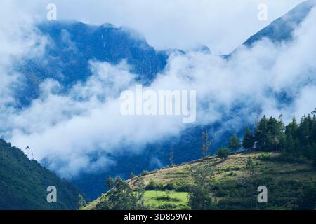 Belle vue sur le lever du soleil dans la prairie entourée de brume sur la chaîne de montagnes. Banque D'Images