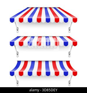 Achetez le pare-soleil avec support en métal. Auvent de café rayé réaliste. Tente de marché extérieure. Auvent de toit aux couleurs du drapeau français. Magasin de rue d'été. Vecteur Illustration de Vecteur