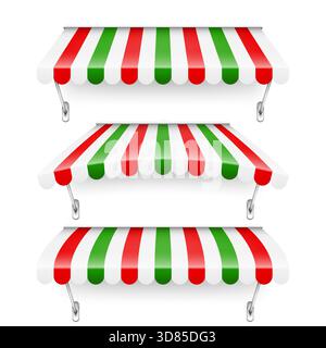 Achetez le pare-soleil avec support en métal. Auvent de café rayé réaliste. Tente de marché extérieure. Auvent de toit aux couleurs du drapeau italien. Magasin de rue d'été. Vecteur Illustration de Vecteur