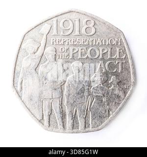 2018 UK 50p pièce commémorative célébrant le centenaire de la loi sur la représentation du peuple 1918. Cette loi a étendu le droit de vote. Banque D'Images