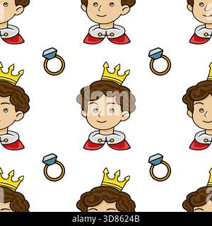 Charmant motif vectoriel avec princes de bande dessinée avec des couronnes et des anneaux de mariage sur un fond blanc. Illustration de Vecteur