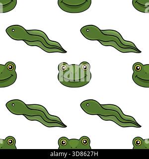 Motif vectoriel sans couture avec de mignons têtards de bande dessinée et des visages de grenouille en vert vif sur un fond blanc propre, évoquant un jeu et natura Illustration de Vecteur