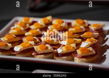 Hors-d'œuvre assortis préparés sur un plateau de service, chacun composé d'une tranche de pain ronde, de plusieurs couches de viande, de morceaux de fromage et d'une garniture orange vif, Banque D'Images