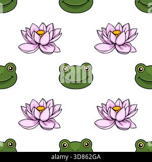 Modèle vectoriel sans couture avec grenouilles de bande dessinée joyeuses et nénuphars roses délicats sur un fond blanc propre. Illustration de Vecteur