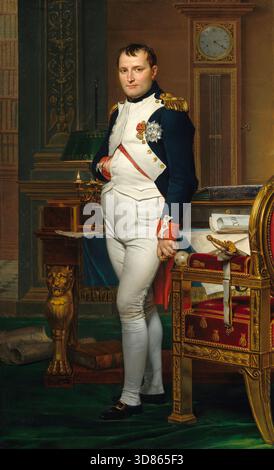 Napoléon dans son cabinet de travail aux Tuileries, 1812 peinture à l’huile de l’artiste français Jacques-Louis David (1748-1825) montrant Napoléon Bonaparte à quatre heures du matin, souverain travaillant sans relâche sur le code civil français. Banque D'Images