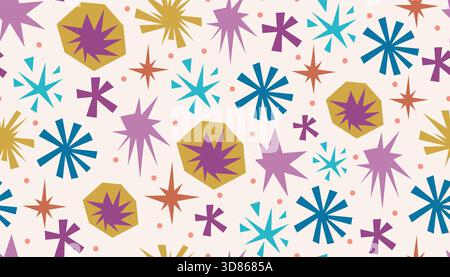 Motif sans couture coloré fait d'étoiles coupées audacieuses, de points et de formes géométriques de base dans un look de collage plat animé. Idéal pour le papier d'emballage d'anniversaire, infan Illustration de Vecteur