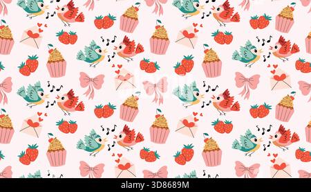 Motif sans couture lumineux avec charmante paire de tourterelles, cupcake sucré avec cerise, fraise, arc noué et lettre de coeur romantique dans la composition aléatoire. Illustration de Vecteur