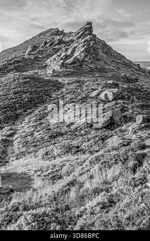 Ramshaw Rocks près de la formation Roaches Rock, Peak District, Staffordshire, Angleterre en noir et blanc Banque D'Images