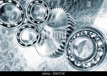 Composants mécaniques métalliques, y compris les roulements à billes et les engrenages. Banque D'Images
