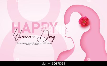 Joyeuse journée des femmes carte de voeux clipart design. Texte de voeux pour la journée des femmes avec silhouette rose belle fille arrière-plan clip art pour la femme du 8 mars Illustration de Vecteur