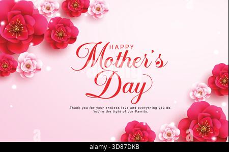 Carte de voeux de fête des mères motif clipart bordure. Texte de voeux joyeux fête des mères avec motif fleur rose blanc et rouge bokeh fond clip art Illustration de Vecteur