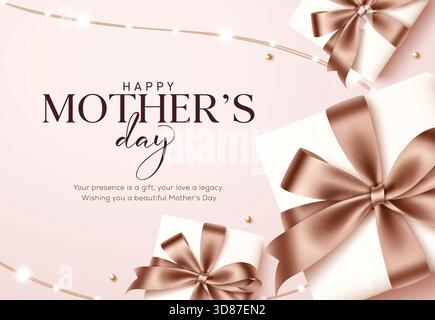 Motif clipart pour souhaiter une fête des mères heureuse. Joyeuse fête des mères voeux et carte de souhait clip art avec boîte cadeau élégante et lumières fond simple Illustration de Vecteur
