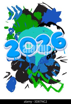 2026 graffitis. Décoration d'art de rue moderne abstraite réalisée dans un style de peinture urbaine. Illustration de Vecteur