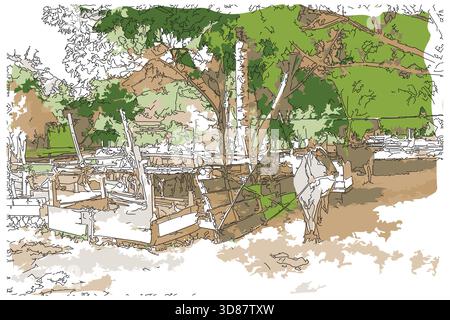 Dessin-style impressionniste peinture, vaches et stylo dans la campagne asiatique, image vectorielle d'illustration numérique Illustration de Vecteur