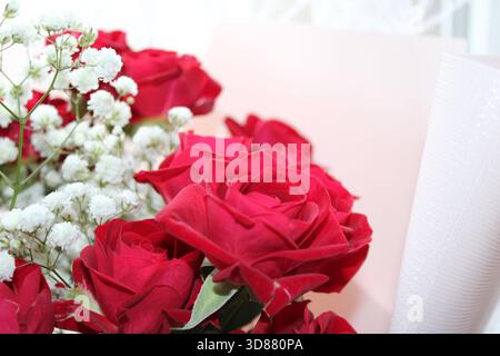 Un magnifique bouquet arbore des roses rouges éclatantes et un souffle de bébé blanc doux, créant un bel arrangement parfait pour les célébrations ou les cadeaux. Le flo Banque D'Images