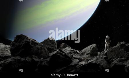 astronaute se tient sur un paysage rugueux de rochers, regardant une grande planète colorée avec une atmosphère lumineuse en arrière-plan tout en étant entouré par sta Banque D'Images