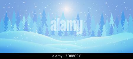 Paysage forestier d'hiver avec la neige tombante, les pins bleus et les collines enneigées sous la lumière douce du lever du soleil. Fond bleu, gelé ou papier peint. Editable ve Illustration de Vecteur