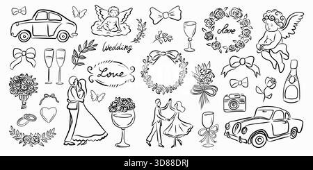 Explorez une variété de charmants graphiques de mariage mettant en valeur des couples, de belles décorations et des symboles Illustration de Vecteur