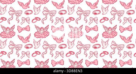 Ce charmant motif présente des noeuds roses, des anges mignons et des motifs fantaisistes sur un fond blanc brillant Illustration de Vecteur