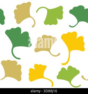 Motif de feuilles de ginkgo biloba sans couture dans des tons verts, jaunes et terreux. Design botanique stylisé inspiré du feuillage naturel et du symbolisme à base de plantes. Illustration de Vecteur