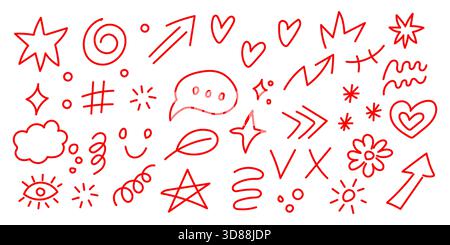 Il s'agit d'une superbe collection de griffonnages rouges vibrants, idéal pour améliorer les designs ludiques et divers médias Illustration de Vecteur