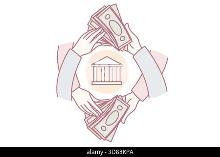 Les personnes détenant des billets en dollars effectuant des opérations financières par le biais de la banque. Mains avec transfert ou transaction de factures d'argent. Concept d'économie. Illustration vectorielle. Illustration de Vecteur