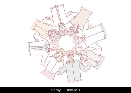 Vue de dessous de personnes multiraciales diverses se tiennent dans un cercle embrassant montrant l'unité et le soutien. Les hommes et les femmes multiethniques adoptent des valeurs communes. Illustration vectorielle. Illustration de Vecteur