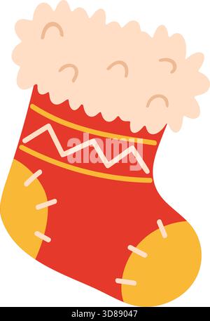 Bas de Noël rouge festif avec manchette beige moelleuse. Illustration vectorielle de style plat. Idéal pour les emballages de vacances, les frontières saisonnières, les cartes de voeux, les graphiques liés Santa, les cadeaux, célébration hivernale. Illustration de Vecteur