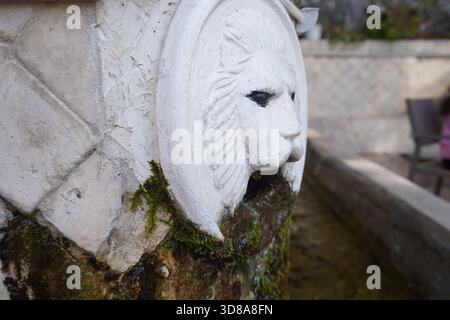 Gros plan vertical et vue de profil de l'une des têtes de lion altérées sur la fontaine vénitienne à Spili, mettant en évidence la texture de la pierre et la mousse verte Banque D'Images