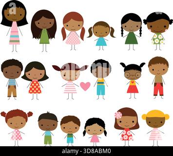 Mignon groupe de figures de bâton enfants - garçons et filles avec la peau foncée Illustration de Vecteur