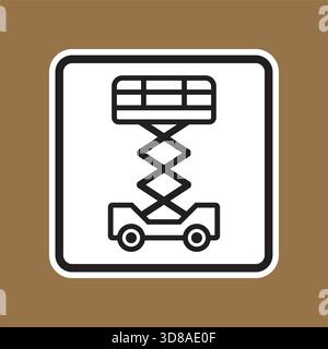 Cette icône illustre un ascenseur à ciseaux dans un dessin simple noir et blanc sur fond marron, symbolisant des outils de construction et des équipements industriels Illustration de Vecteur