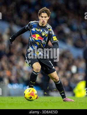 Etihad Stadium, Manchester, Lancashire, Royaume-Uni. 29 novembre 2025. Premier League Football, Manchester City contre Leeds United ; Brenden Aaronson de Leeds United Credit : action plus Sports/Alamy Live News Banque D'Images