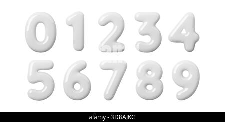 Numéro 3D doux défini dans un style ballon blanc brillant. Les chiffres gonflés lisses semblent lumineux et minimaux, parfaits pour les mises en page modernes. Éclat blanc propre et Illustration de Vecteur