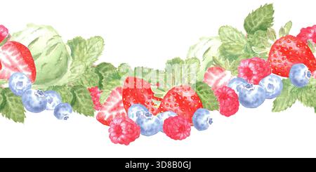 Bordure horizontale sans couture avec framboises, bleuets, fraises, menthe et crème glacée, peint à l'aquarelle sur un fond isolé. Simple c Banque D'Images