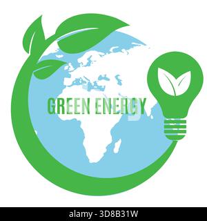 Illustration design énergie verte. Globe terrestre avec des feuilles et une ampoule sur fond blanc. Illustration de Vecteur