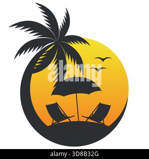 Illustration d'une plage avec des palmiers et le soleil sur un fond blanc Illustration de Vecteur
