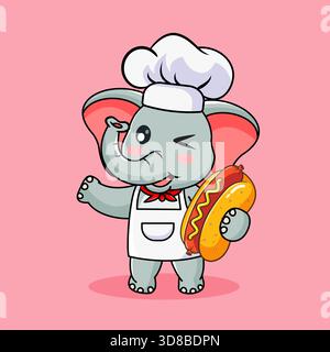 Cute Elephant Chef Winking avec une illustration vectorielle Hot Dog dessin animé Kawaii Illustration de Vecteur