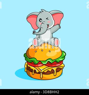 Mignon éléphant assis sur hamburger géant illustration vectorielle dessin animé Kawaii Design Illustration de Vecteur