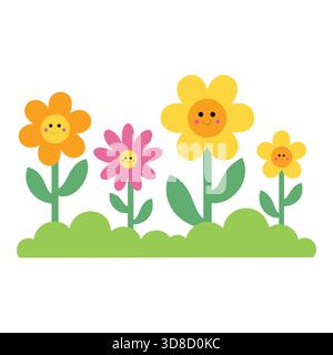 Jolies fleurs de dessin animé souriantes dans l'herbe verte illustration vectorielle pour les enfants Illustration de Vecteur