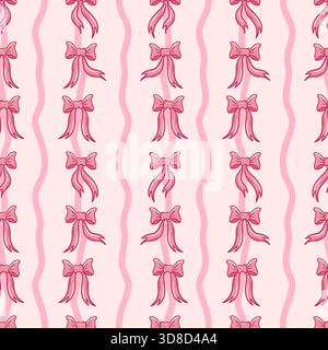 Motif vectoriel sans couture avec des noeuds roses délicats, des motifs de noyau cottage et des éléments doux pour un design de surface rêveur et d'inspiration vintage. Idéal pour Illustration de Vecteur