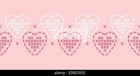 Bordure horizontale transparente. Cozy vector doodle un motif de point de croix en forme de cœur, tissant de minuscules points, des quadrillages joyeux, des tons colorés chauds Illustration de Vecteur