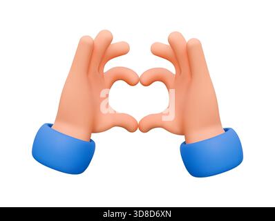 Mains de dessin animé 3D dans des manches bleues créant une forme de coeur. Exprime l'amour et l'affection. Textures lisses avec un look ludique et éclatant sur un blanc Uni Illustration de Vecteur