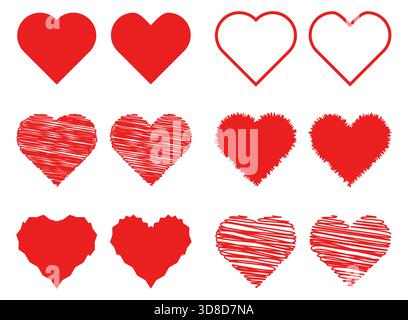 ensemble vectoriel de symbole d'icône d'amour de coeurs rouges dans le style grunge de gribouillage de contour divers pour le thème de conception romantique de mariage de saint-valentin Illustration de Vecteur