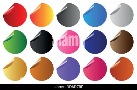 Ensemble vectoriel coloré d'étiquettes d'autocollants ronds vierges avec coins pliés recourbés pour étiquettes de prix étiquette de badges Illustration de Vecteur