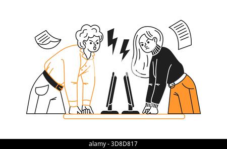 Deux employés de bureau engagés dans un désaccord tendu sur les ordinateurs. L'illustration montre la détermination et la concentration, face à un backgro minimaliste Illustration de Vecteur