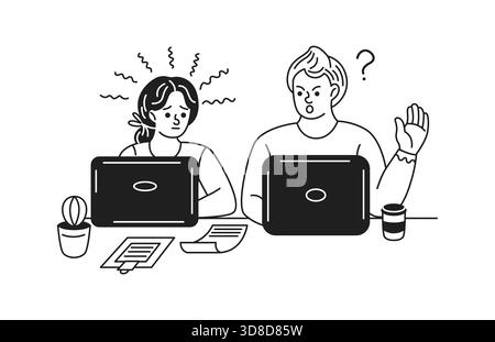 Deux collègues paraissant confus en utilisant des ordinateurs portables dans un style minimaliste. Illustration en noir et blanc montrant des expressions de frustration et de curiosité Illustration de Vecteur