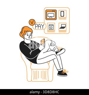 Illustration de dessin animé de jeune personne utilisant un smartphone pour les achats en ligne. Icônes de paiement affichées. Design minimaliste en orange et noir. Représente Illustration de Vecteur